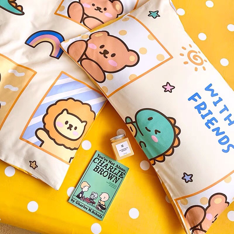 Set Chăn Ga Hoạt Hình Thú Nền Vàng Cotton Living Siêu Đáng Yêu Thoáng Mát (Shinbedding_store)