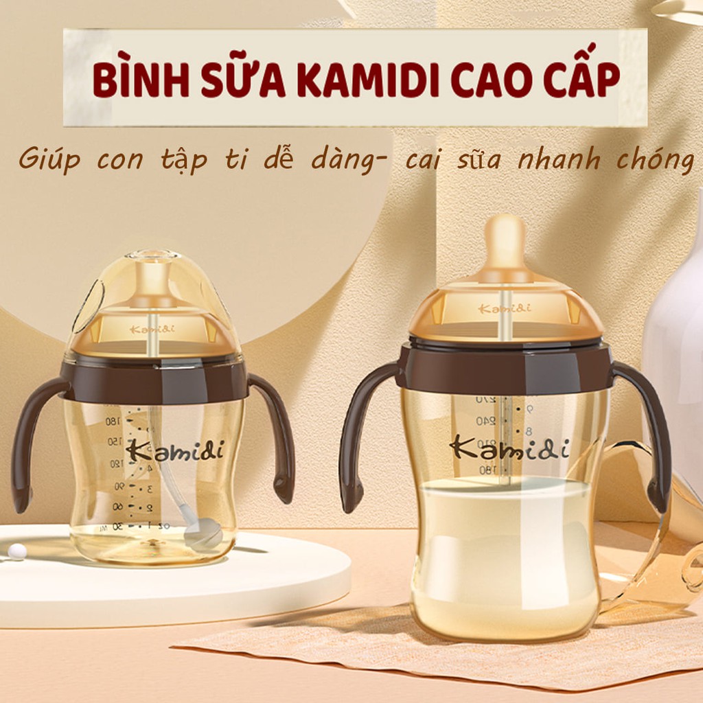 Bình sữa KAMIDI nhựa PPSU cao cấp chính hãng kết hợp núm silicon mô phỏng đầu ti mẹ dung tích 210ml và 300ml