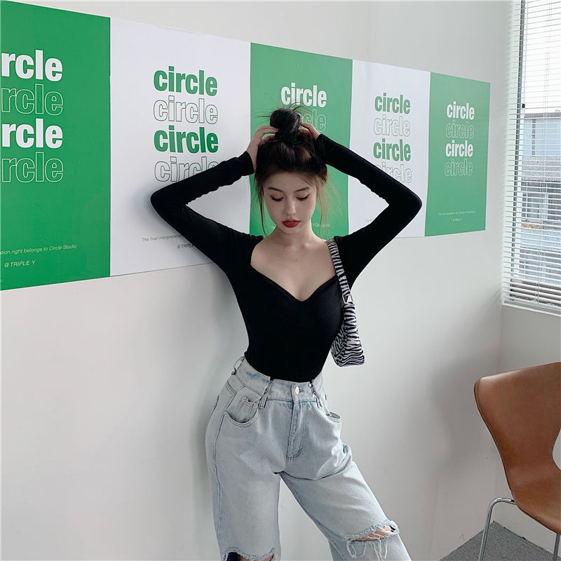 Áo Thun Lửng Tay Dài Quyến Rũ Phong Cách Hàn Quốc Dành Cho Nữ，áo thun trắng trơn nữ