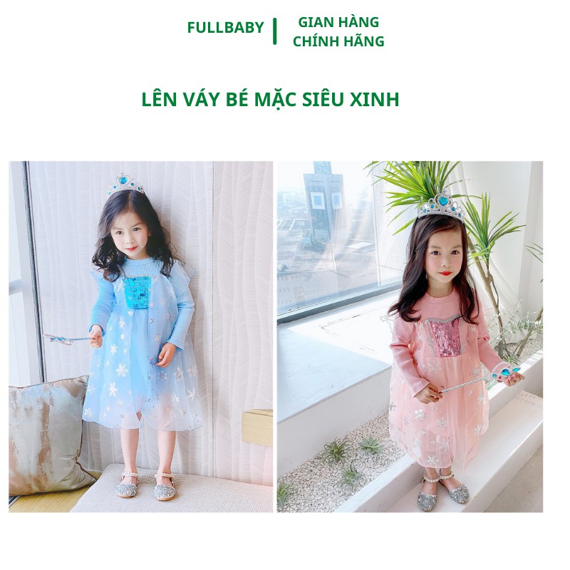 Váy elsa dài tay cho bé len gân lót nỉ ấm áp dễ thương mẫu mới 2022