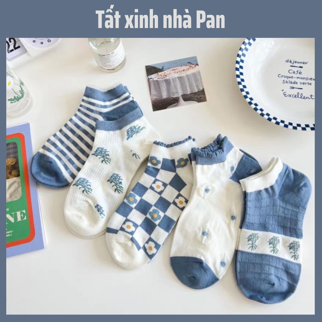 Tất Nữ Cổ Ngắn Xanh Dương họa tiết chất liệu cotton