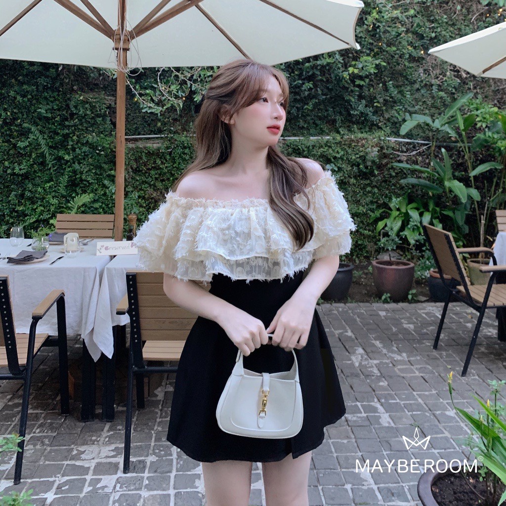 Váy Nữ Trễ Vai Bèo Trắng , Đầm Nữ Bẹt Vai Đen Phối Trắng Dáng Xoè Siêu Xinh Có Ảnh Thật Kèm Video