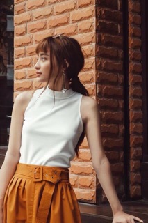 🍂Set đồ áo basic trắng mix chân váy màu vàng đồng