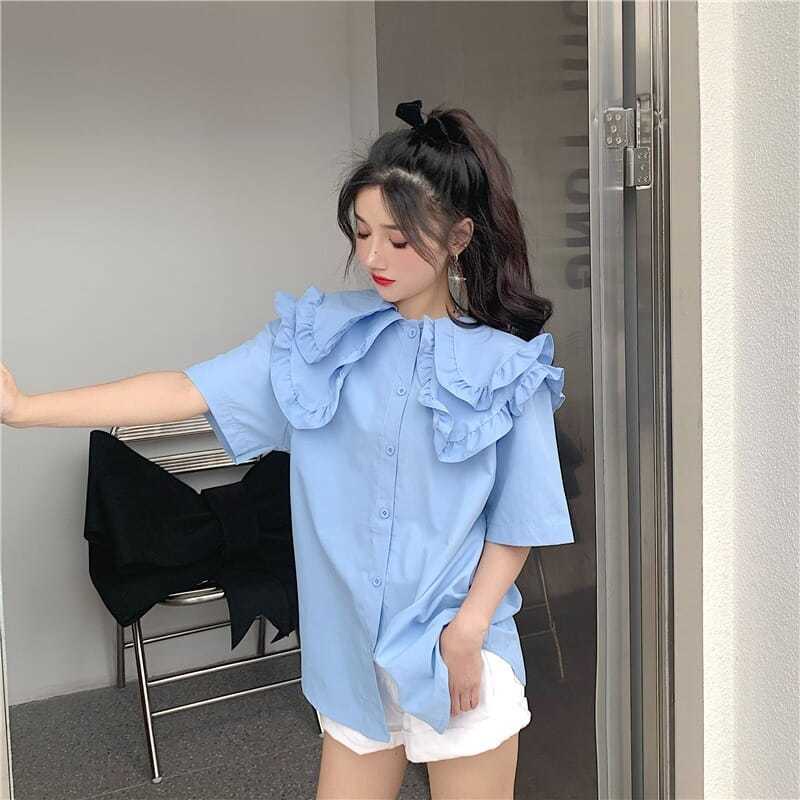 Áo sơ mi babydoll tay ngắn dáng rộng màu trắng trơn phong cách Hàn Quốc thời trang