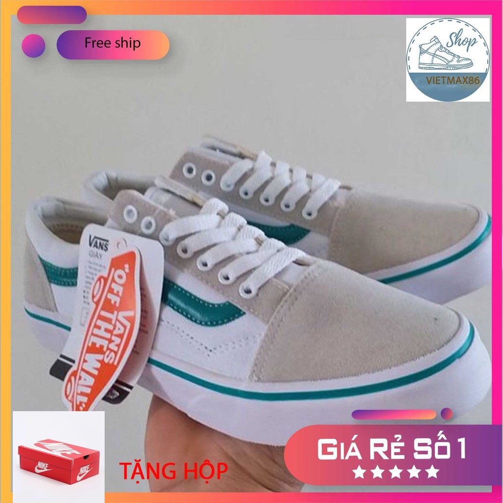 Giày Thể Thao Vns Old Skool  Trắng Sóng Xanh (Da Lộn) Cho Cả Nam Và Nữ, giày giá rẻ tặng kèm bull box bill / vietmax86