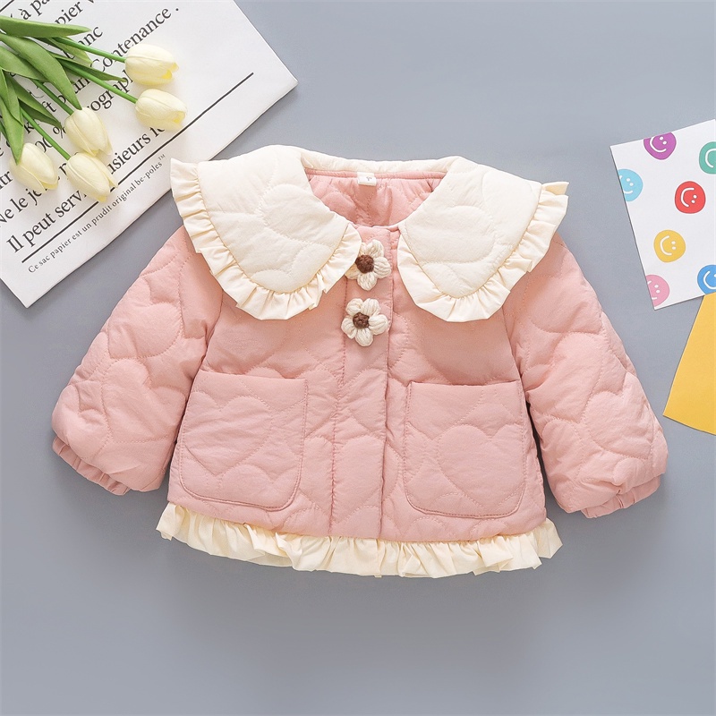 Áo Khoác Cotton Dày Ngắn Cổ Búp Bê Viền Bèo Dễ Thương Giữ Ấm Mùa Đông Cho Bé Gái