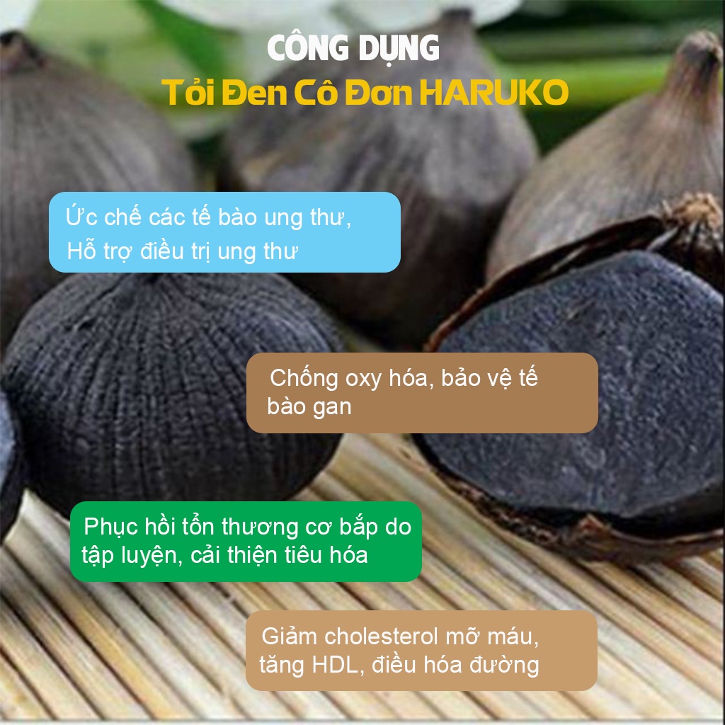 Tỏi đen một nhánh HARUKO, được 100% lên men tự nhiên 60 ngày từ tỏi cô đơn, túi 250 gam và 500 gam