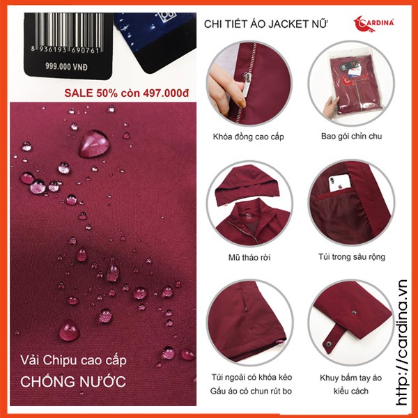 Áo Khoác Nữ 𝐂𝐀𝐑𝐃𝐈𝐍𝐀 JACKET 2 Lớp Cao Cấp, Chống Nước, Chống Nhăn