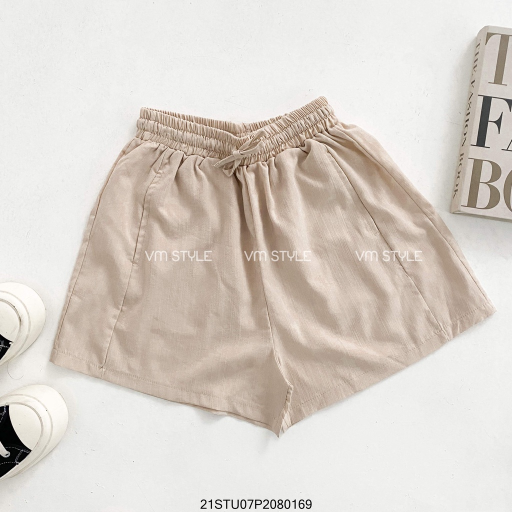 Quần short nữ ống rộng VM STYLE chất đũi trơn cạp chun phối dây rút thể thao - 21STU07P20801