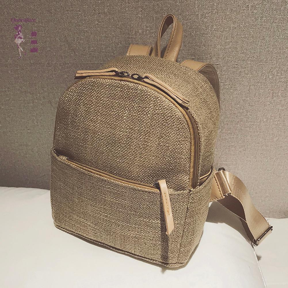 Queen_Retro Straw Linen Small Zipper Backpack for Women Shoulder Travel Schoolbag☆