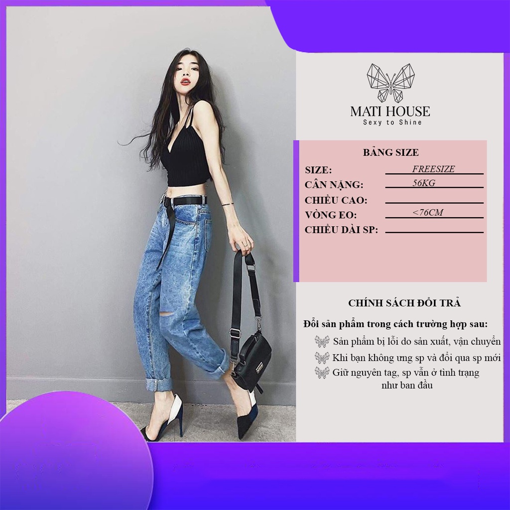 Áo 2 Dây Nữ Croptop Sexy Cổ Tim Hở Lưng Thun Gân (Len Tăm) Dây Chéo Mati House YA076130