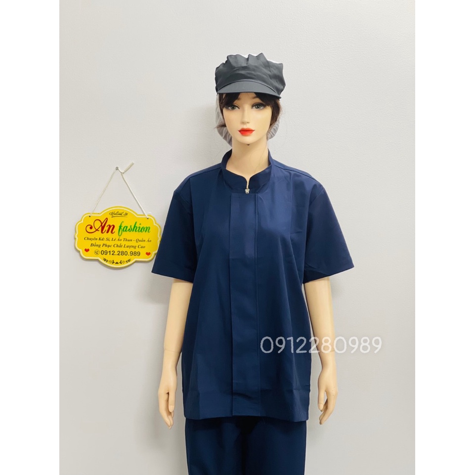[Áo+Quần+Mũ] Đồng Phục ngành Thực phẩm, Thủy sản tay ngắn màu xanh vải kaki dày dặn _ Hình chụp thật