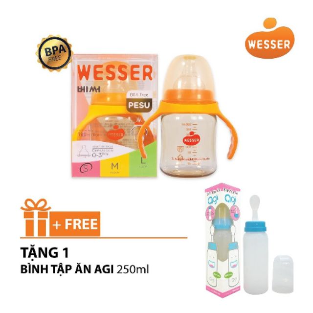 Bình sữa Wesser Ppsu cổ rộng nhựa cao cấp 180ml/260ml + tặng 1 bình tập ăn