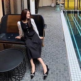 Giày cao gót mũi vuông gót dày đế trụ phối ngọc phong cách vintage cổ điển Pháp
