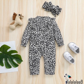 Bộ 2 Món Áo Liền Quần Tay Dài Phối Bèo In Họa Tiết Da Báo + Băng Đô Cài Tóc Cho Bé