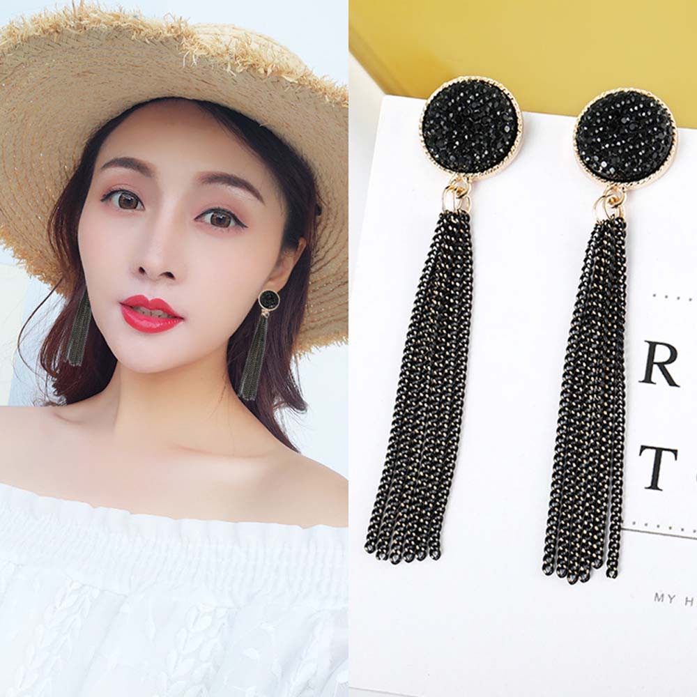 Bông tai dạng tua dài đính đá pha lê đen