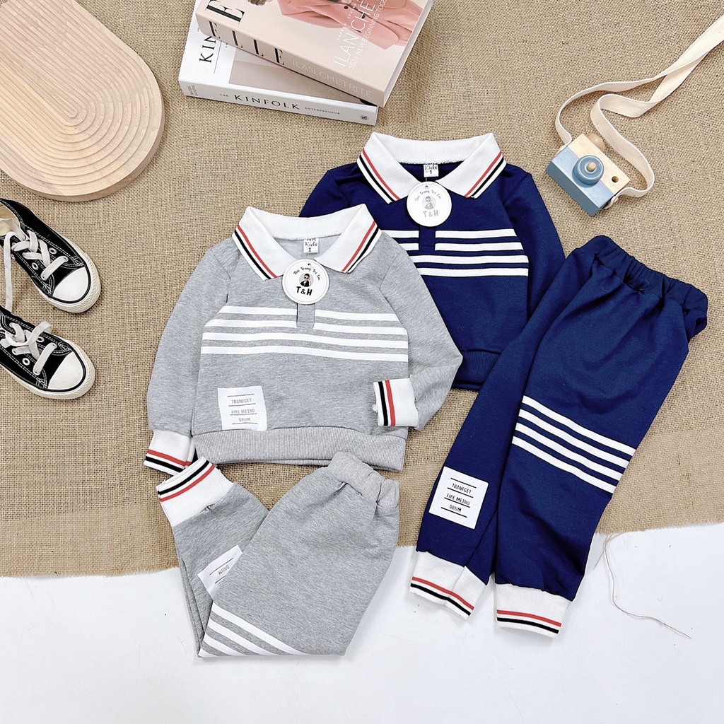 Đồ bộ bé trai, Set quần áo dài thu đông 4 vạch kẻ ngang chất nỉ da cá đẹp trai cho bé từ 8 đến 20 kg, DUCK387