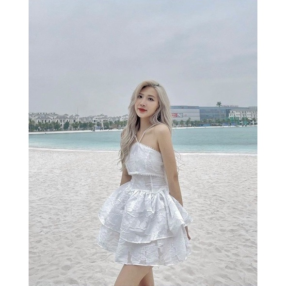 Đầm Cổ Yếm Chất Vải Voan Mây Bèo Tầng dự tiệc sang trọng Có Lót Toàn Thân