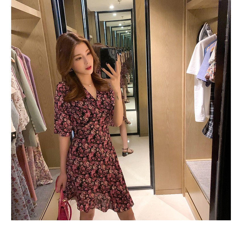 Váy hoa nhí thắt eo đuôi cá cố V style ngọt ngào Hàn Quốc