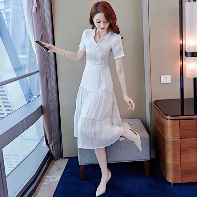 Đầm Suông Ngắn Trắng Cổ Búp Sen (kèm hình thật)