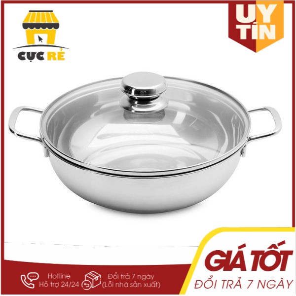 [GIÁ CỰC SÂU] Nồi lẩu um xào inox 26cm bếp từ nắp kính