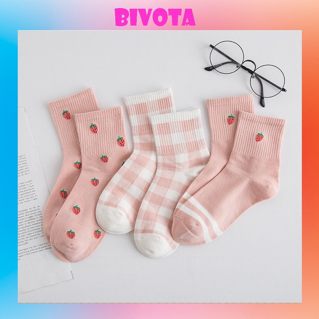 Tất cổ cao Bivota vớ nữ họa tiết dâu tây siêu ngọt ngào cực đáng yêu T92