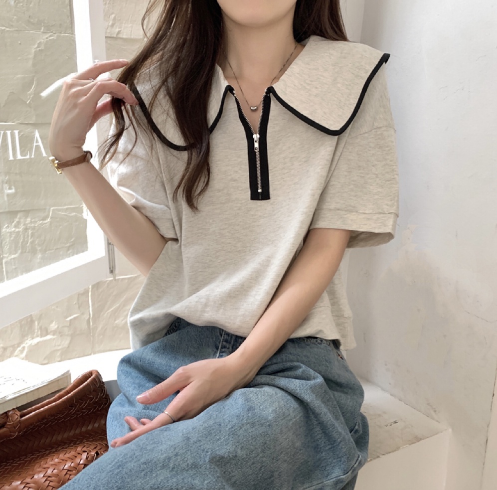 Áo Thun Ngắn Tay Dáng Rộng Cổ Bẻ Phong Cách Hàn Quốc 52183