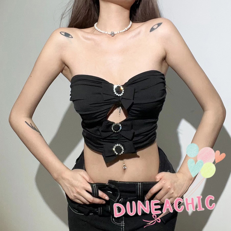 DUNEA Áo Ống Hở Vai Xếp Ly Thắt Nơ Quyến Rũ Cho Nữ