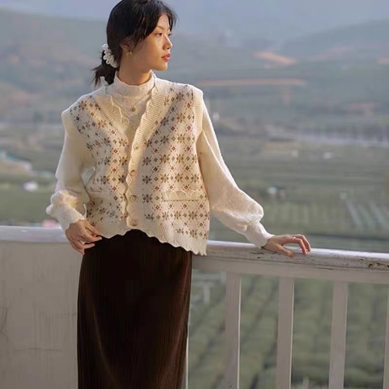 Áo Gile Len Hoạ Tiết Hoa Vintage Mùa Đông