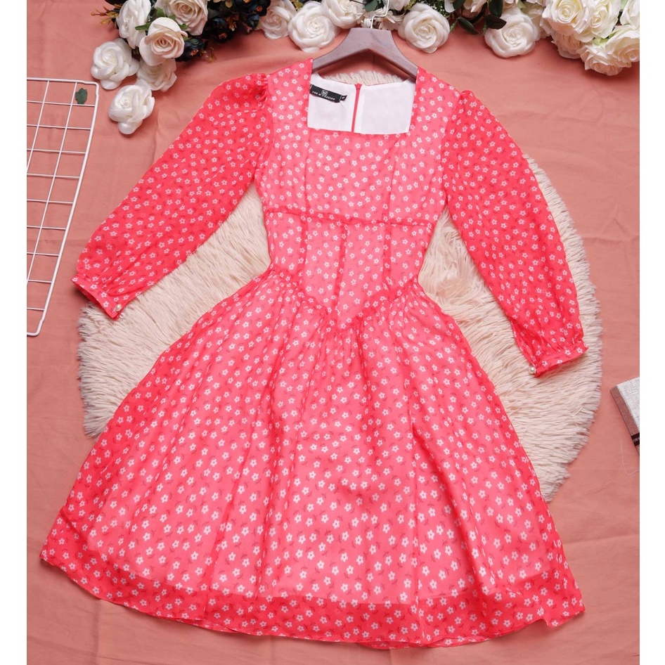 Đầm đỏ xòe đầm dự tiệc sang trọng thiết kế cổ vuông tay lỡ thanh lịch chấm bi hoa xinh thời trang cao cấp - Lux W