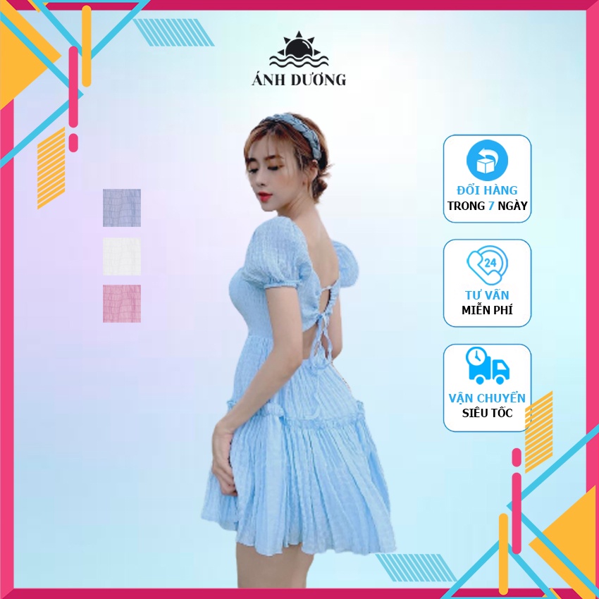 Đầm tay phồng hở lưng cổ vuông tùng xoè nhún tầng (Có mút & có lót) Ánh Dương Clothing, váy tay bồng dáng xoè