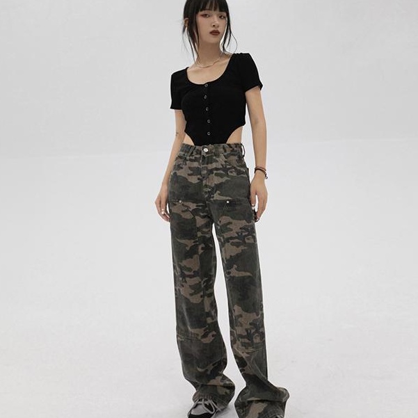 Quần Yếm Jeans Dáng Suông Họa Tiết Rằn Ri Màu Xanh Quân Đội Phong Cách Âu Mỹ Giản Dị Cho Nữ