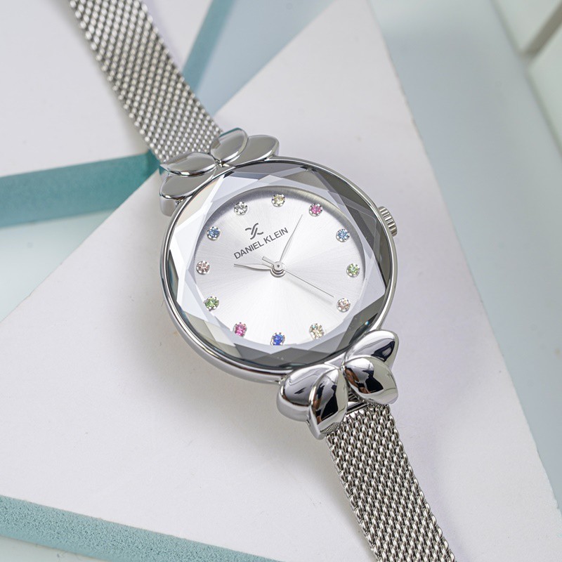 Đồng hồ nữ dây thép lưới chính hãng Daniel Klein DK.1.12554.1 chống nước, cọc số đính đá nhiều màu, mặt hiệu ứng Sunray