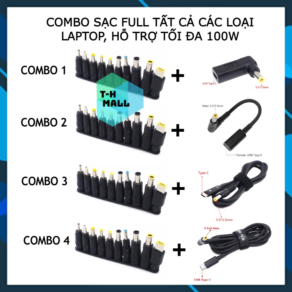 Bộ đầu nối chuyển đổi Type C to DC 5.5x2.5mm sạc các dòng laptop thông dụng hỗ trợ 100W HP Dell Acer Asus Lenovo MSI