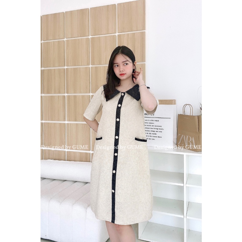 Váy bầu bigsize - Đầm bầu thiết kế GuMe DẠ TĂM CAO CẤP 2 MÀU BE-ĐEN cúc bọc sang chảnh GM047