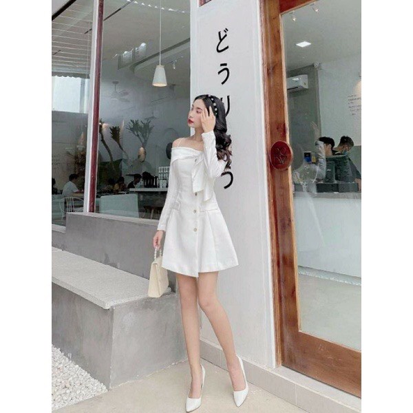 Đầm nữ đầm dự tiệc kiểu nữ lệch vai đầm trễ vai 2 dây dáng xoè nơ ngực tiểu thư 2 lớp sang chảnh