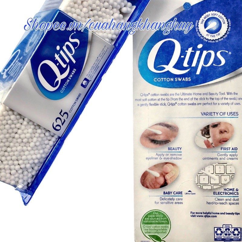 Tăm bông Q-tips 100% bông nguyên chất, 625 cái / 1 hộp (nhập từ Mỹ)