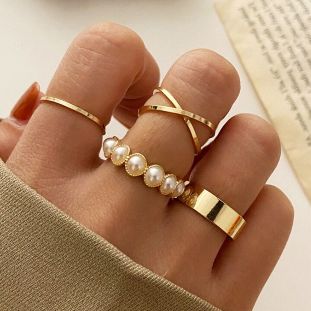 Set 4 Nhẫn Đeo Tay Kim Loại Đính Ngọc Trai Giả Thời Trang Nữ