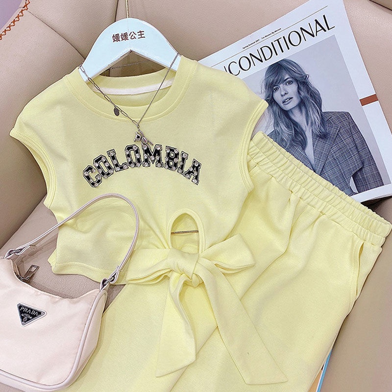 Set Đồ Thể Thao Hai Mảnh Áo Tay Ngắn + Quần Ống Rộng Phong Cách Phương Tây Thời Trang Mùa Hè Cho Bé Gái