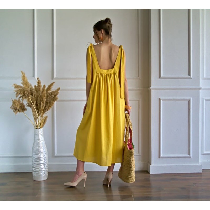 Đầm Linen Hai Dây Bảng Lớn