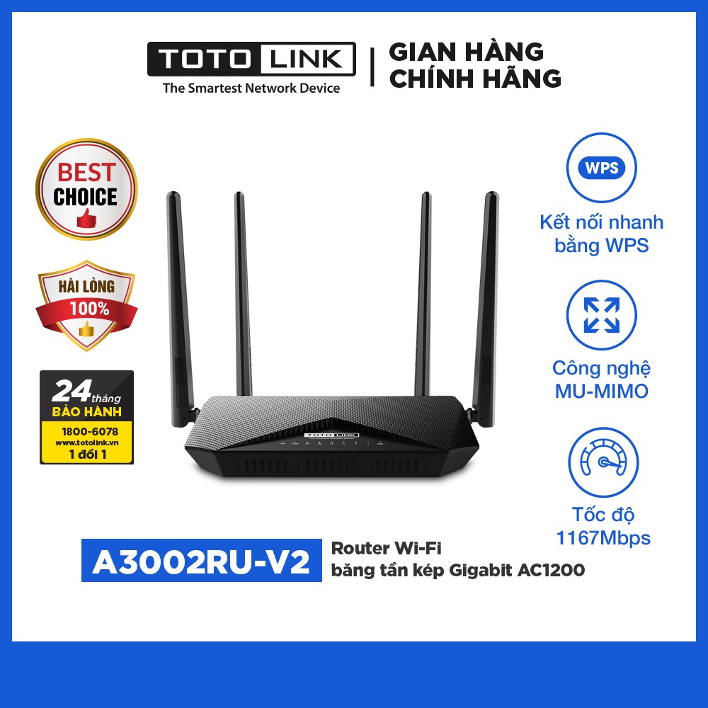 Cục phát wifi router wifi băng tần kép Gigabit chuẩn AC 1200Mbps TOTOLINK A3002RU-V2