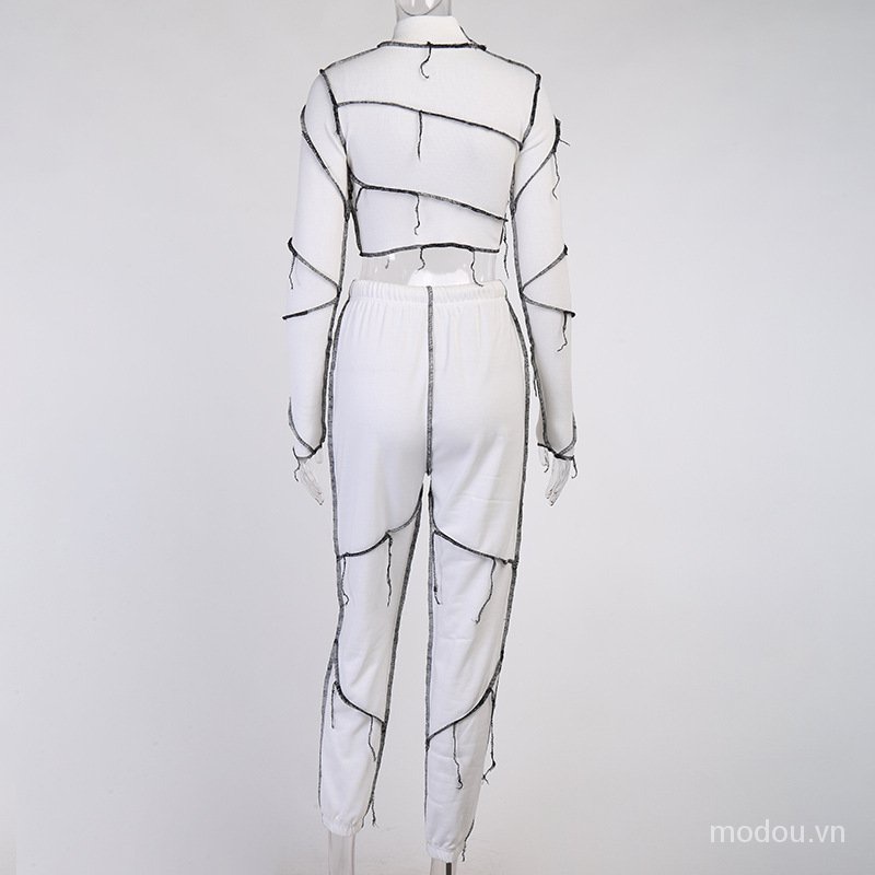 Set đồ 2 món gồm áo thun crop top tay dài phối ren + quần dài thời trang cho nữ