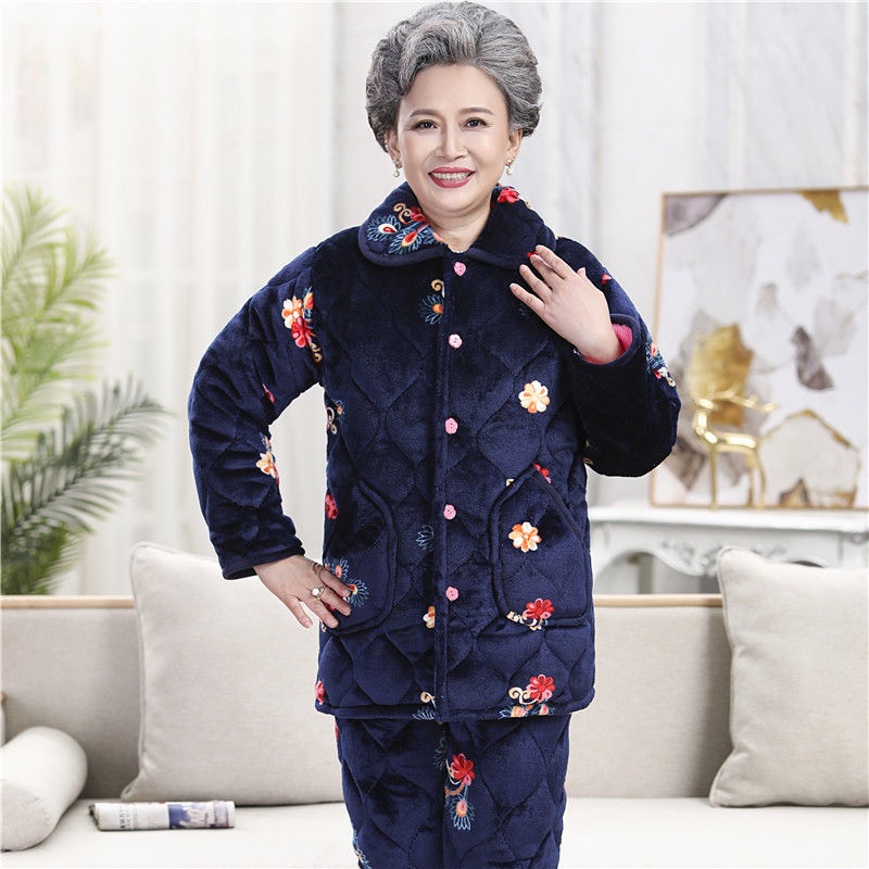 Bộ đồ ngủ dành cho người trung niên và người lớn tuổi dài trung niên, bộ lông cừu dày ba lớp màu san hô thu đông, bộ đồ