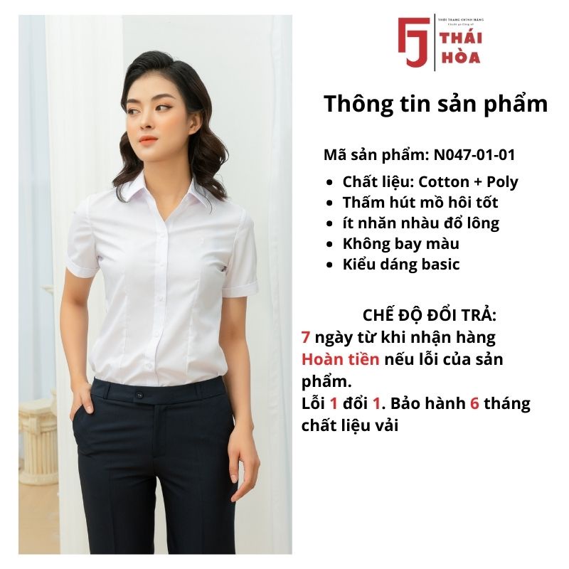 Áo sơ mi nữ tay ngắn bigsize trắng đẹp kiểu công sở cotton Thái Hoà N047-01-01
