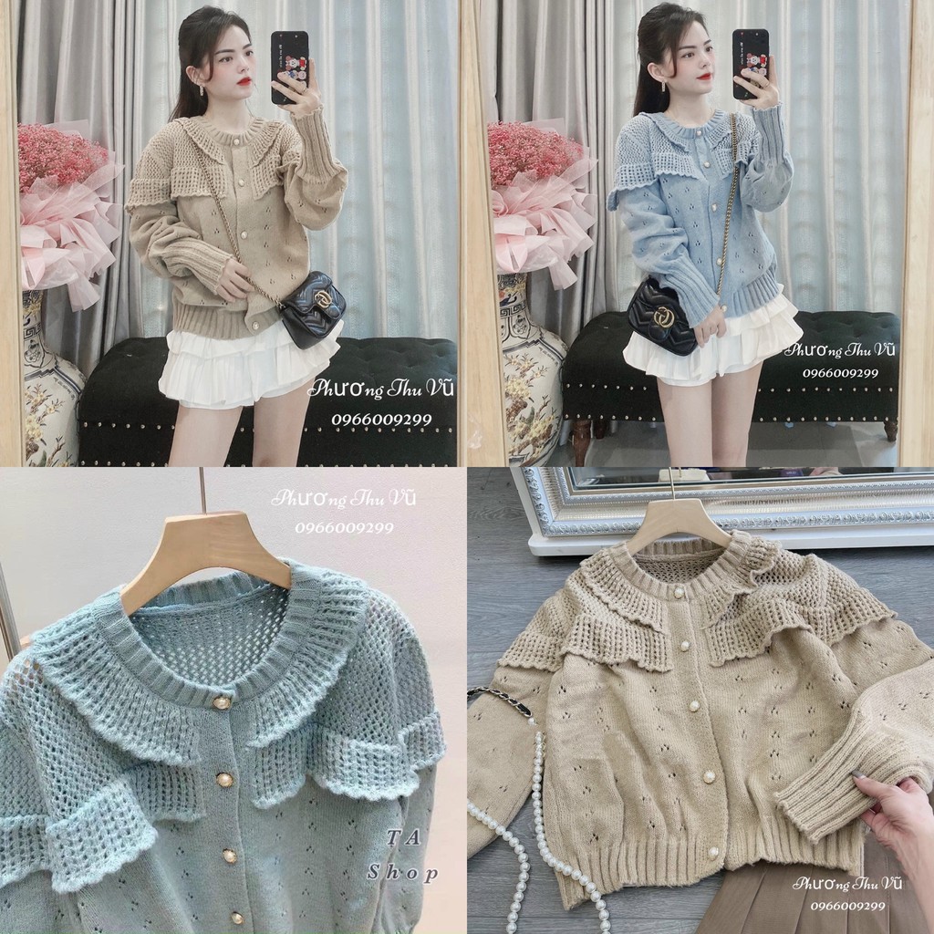 Áo Len Kiểu Khuy Ngọc 2 màu xanh / be sang chảnh