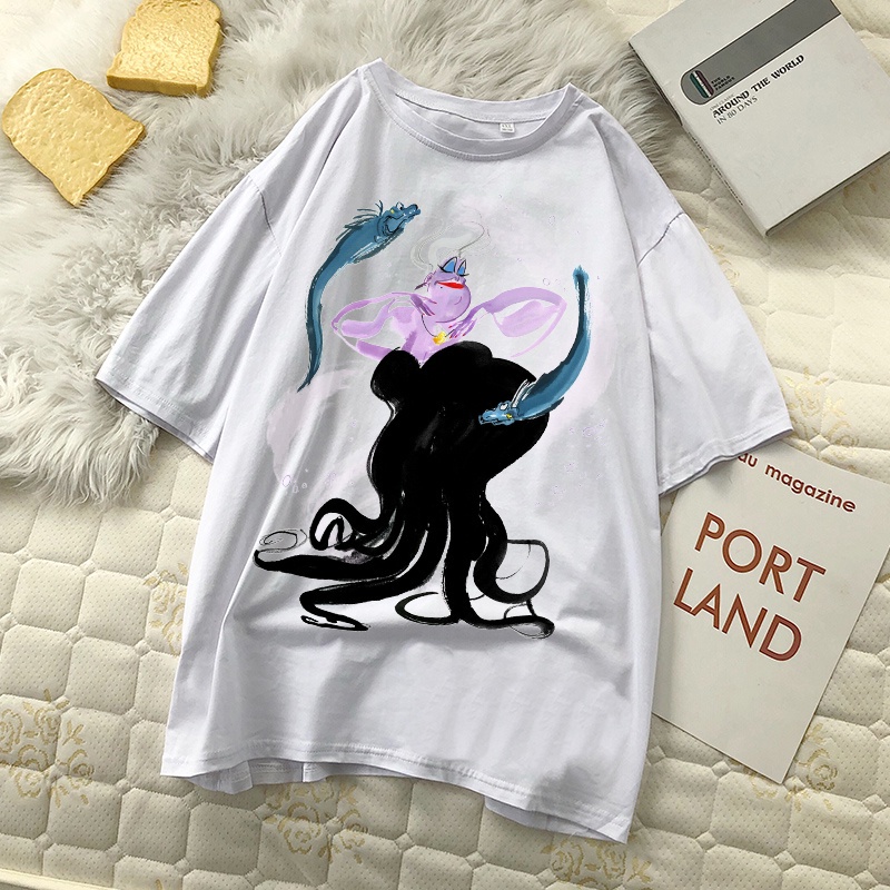 Disney nàng tiên cá Old Witch Octopus Ursula Dark O-cổ ngắn tay lỏng lẻo Oversized Casual Casual Harajuku Áo thun nữ