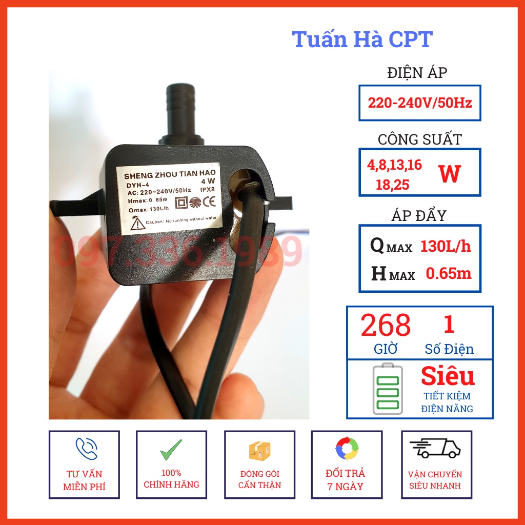 Bơm chìm mini 4W 8W 13w 16W 18W 25W - 220V quạt điều hoà hơi nước - bể cá thủy cảnh - hòn non bộ - thác nước