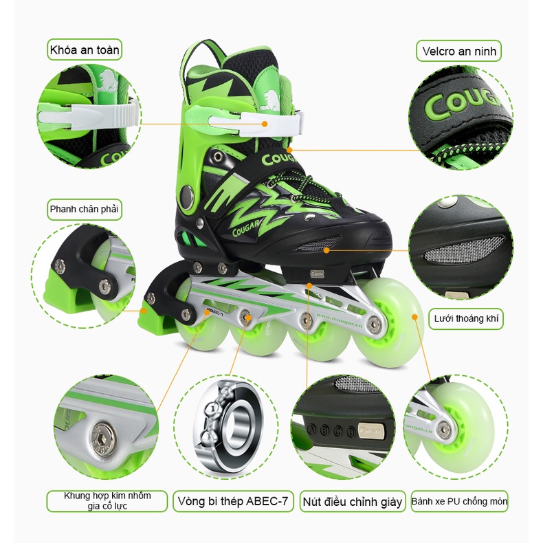 Giày Trượt Patin, giày patin trẻ em cao cấp COUGAR 835L 1 Bánh Phát Sáng - PTC