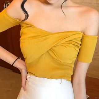 Áo trễ vai tay ngắn màu trơn thiết kế quyến rũ cho phái nữ