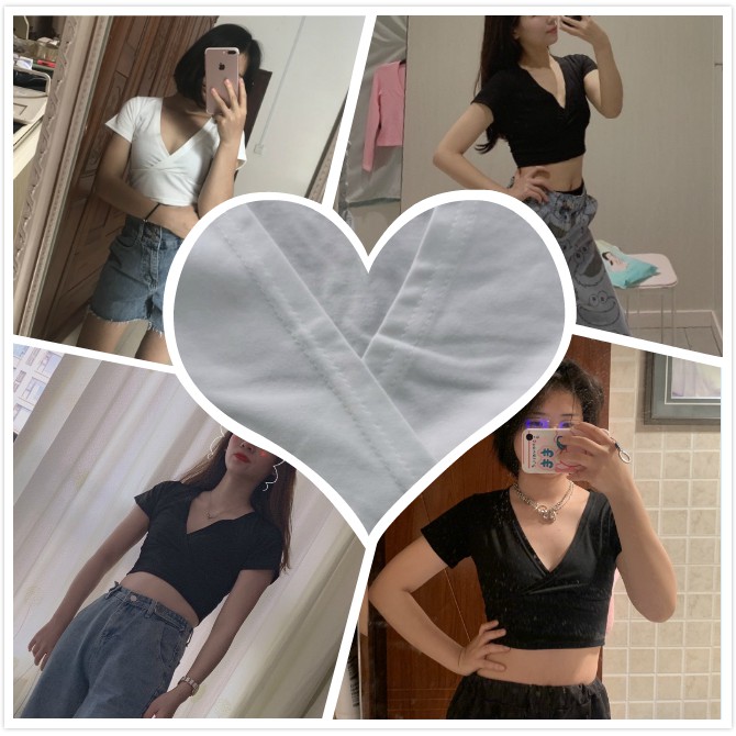 Áo Croptop Tay Ngắn Cổ Chữ V Thiết Kế Ôm Sát Quyến Rũ